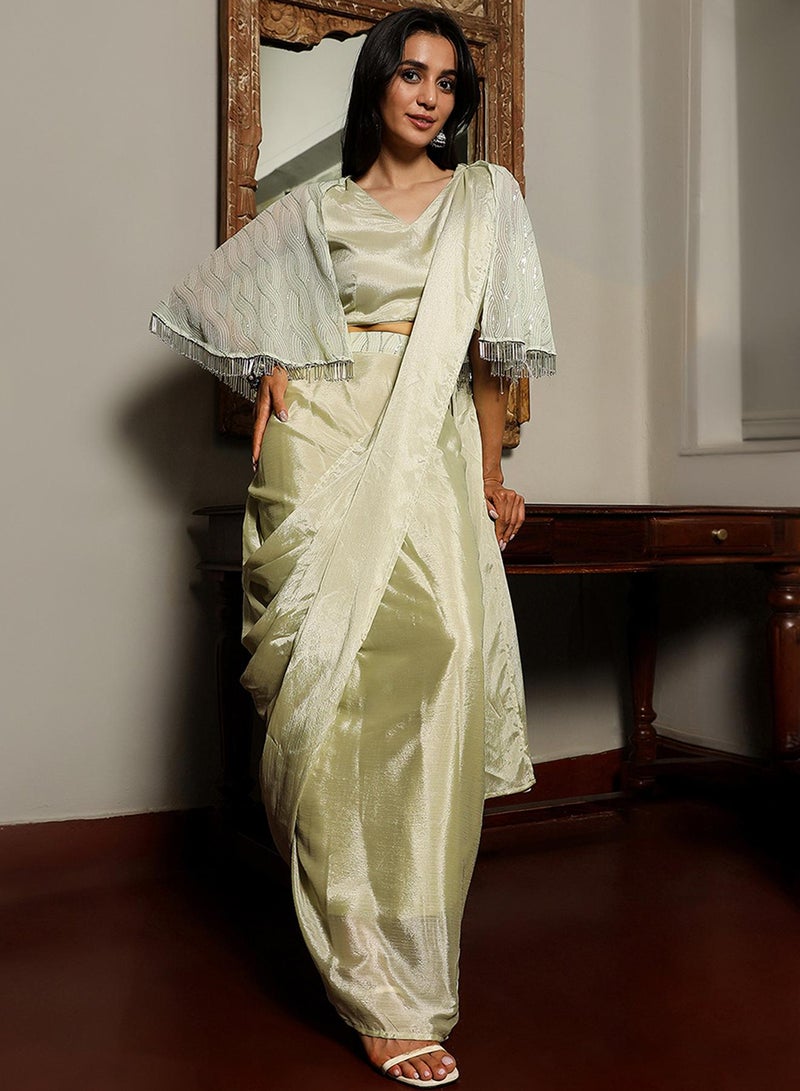 QISSA Women's Sage Green Bijou Cape Pre-Draped Saree For Casual Wear | V-Neck | Cape Sleeves | 1 Piece Pre-Draped Saree Designed With Comfort Fit For Everyday Ethnic Wear - Image 2